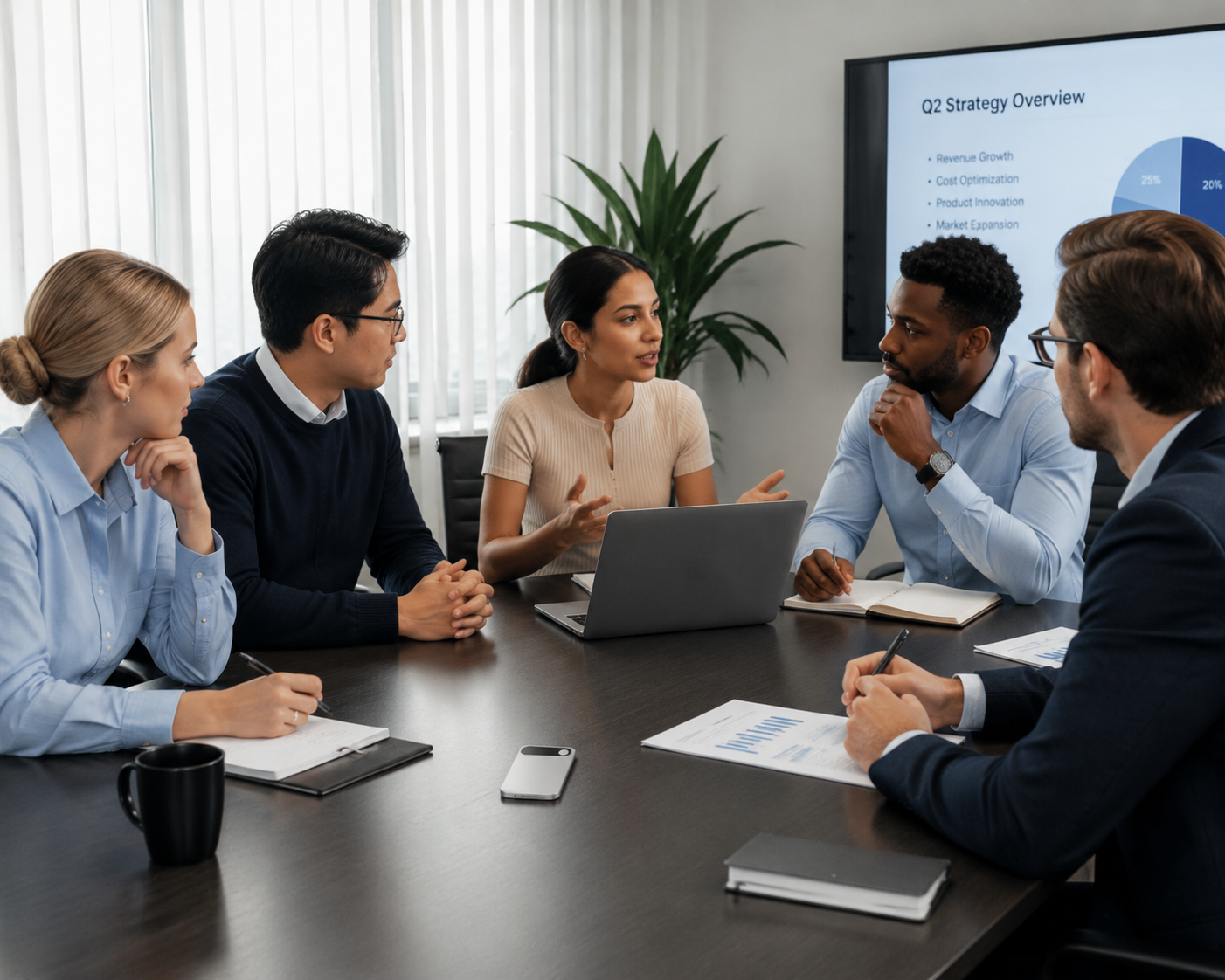 Due diligence team recording a multi-participant management meeting with a speech-to-text device on the conference table
