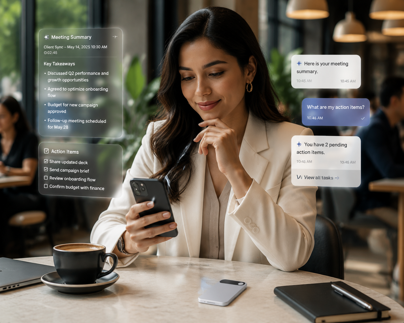 Insurance professional reviewing an AI-generated meeting summary and action items on a smartphone after a client consultation
