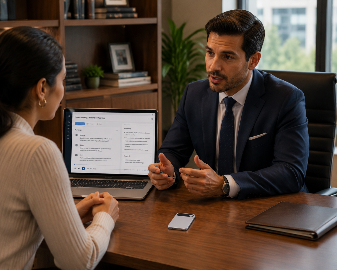 Insurance agent conducting a client consultation with an AI-generated transcript and meeting summary displayed on a laptop